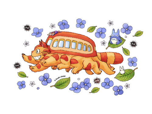 Catbus My Neighbor Totoro Floral Pattern Wallpaper