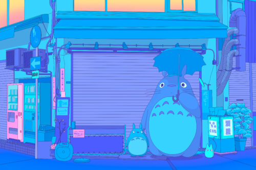My Neighbor Totoro Blue City Umbrella Scene Wallpaper