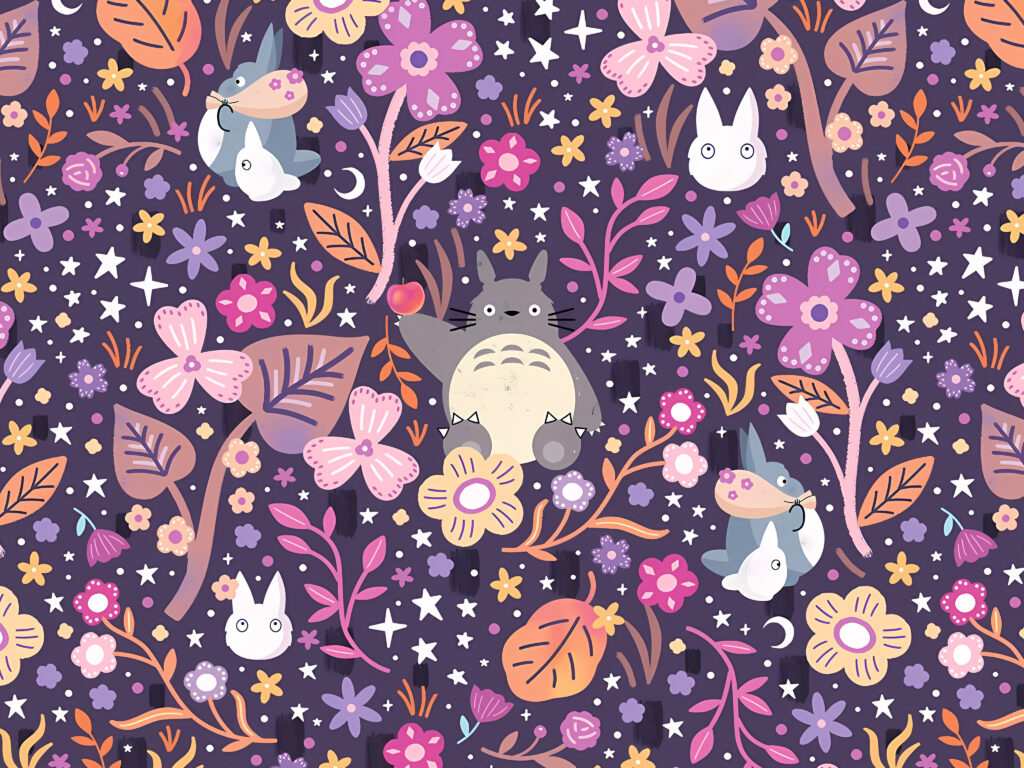 My Neighbor Totoro Purple Floral Pattern Wallpaper